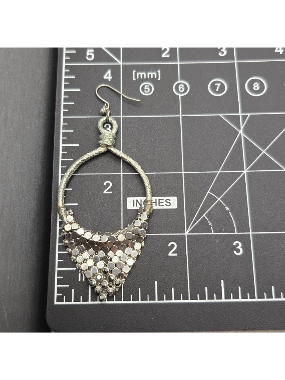 VTG Mesh Drop Hoop Earrings 3.5" Silver Tone Deco Boho Statement Retro Disco - Picture 8 of 8